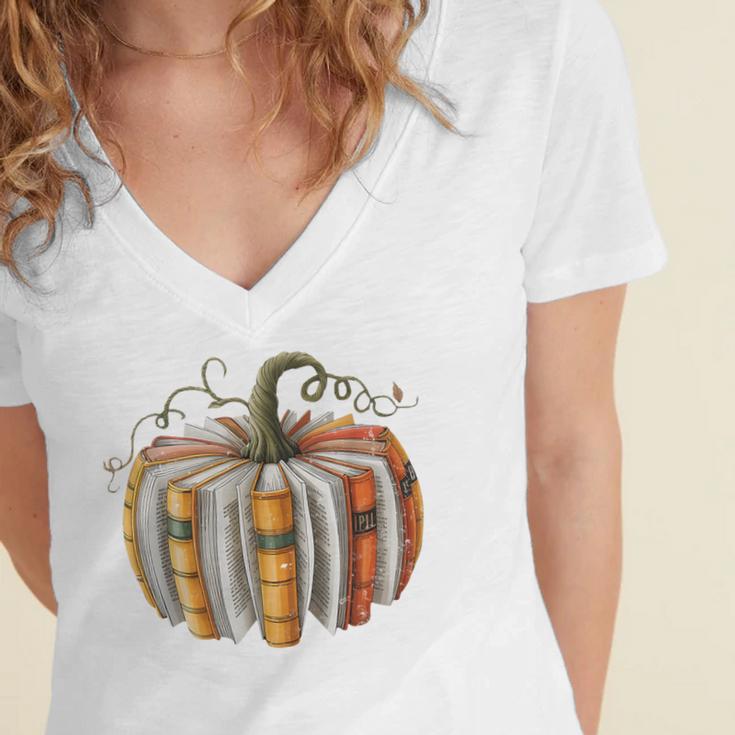 Fall Book Pumpkin Fall Librarians Bookworm Teachers Students Women's Jersey Short Sleeve Deep V-Neck Tshirt
