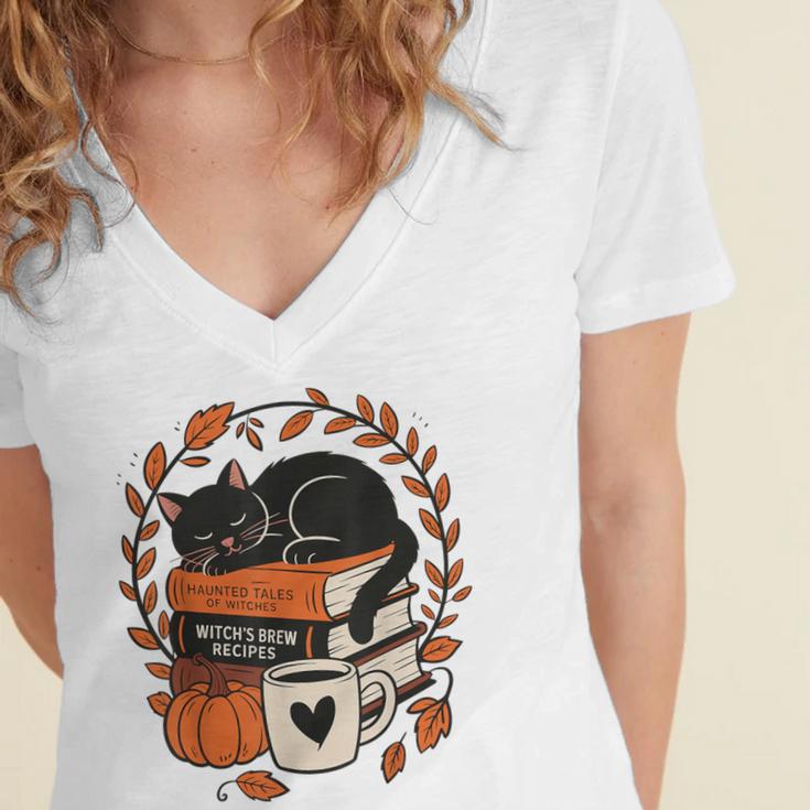Fall Book Teacher Cat Books Halloween Autumn Librarian Women's Jersey Short Sleeve Deep V-Neck Tshirt