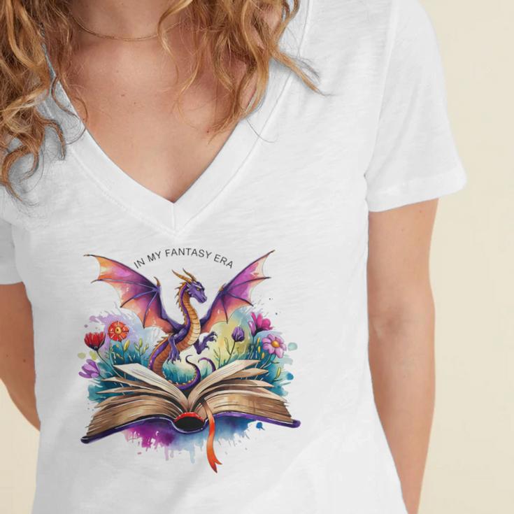 In My Fantasy Era Magic Dragon Book Women's Jersey Short Sleeve Deep V-Neck Tshirt In My Fantasy Era Magic Dragon Book Women's Jersey Short Sleeve Deep V-Neck Tshirt