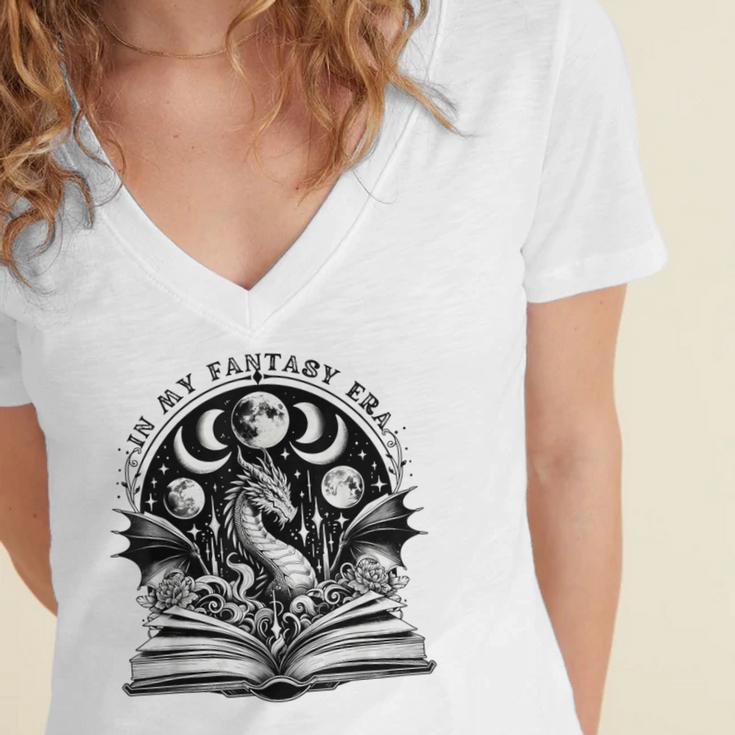 In My Fantasy Era Reading Fantasy Books Halloween Bookish Women's Jersey Short Sleeve Deep V-Neck Tshirt
