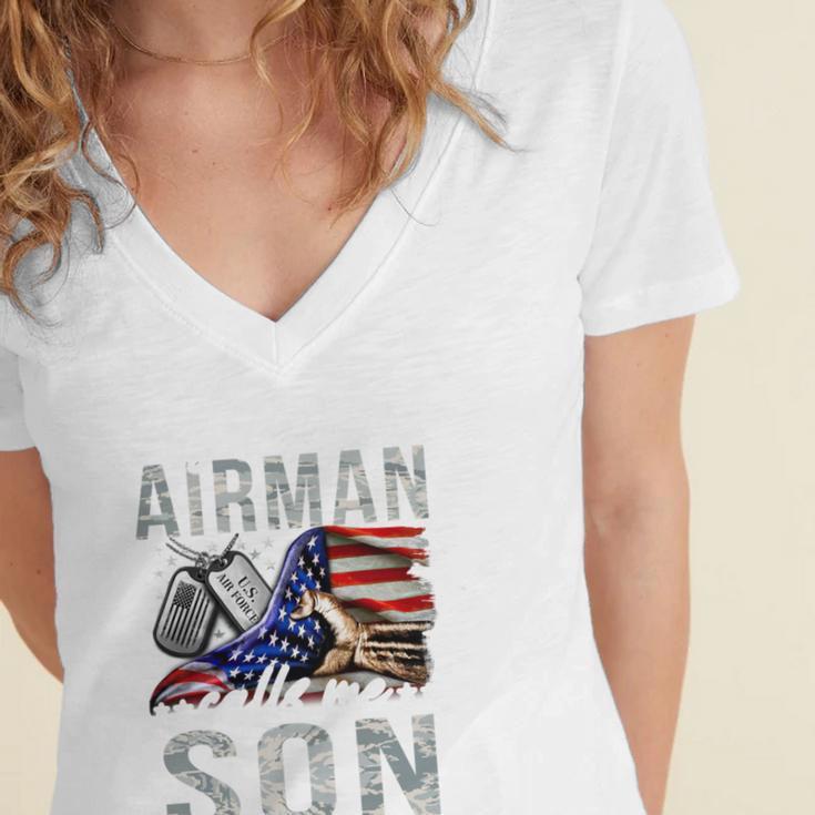 My Favorite Airman Calls Me Son Air Force Graduation Son Women's Jersey Short Sleeve Deep V-Neck Tshirt