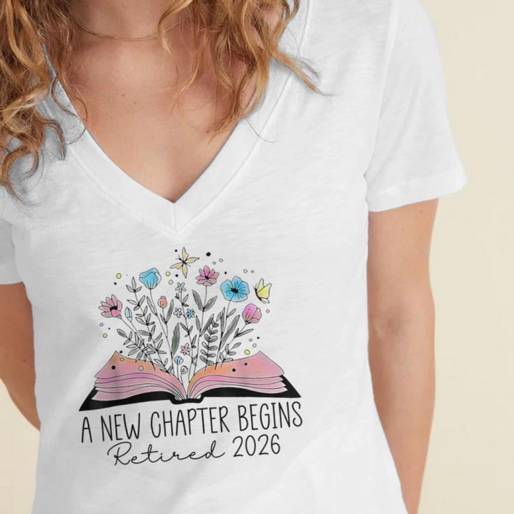 Floral Book A New Chapter Begins Retired 2026 Retirement Women's Jersey Short Sleeve Deep V-Neck Tshirt