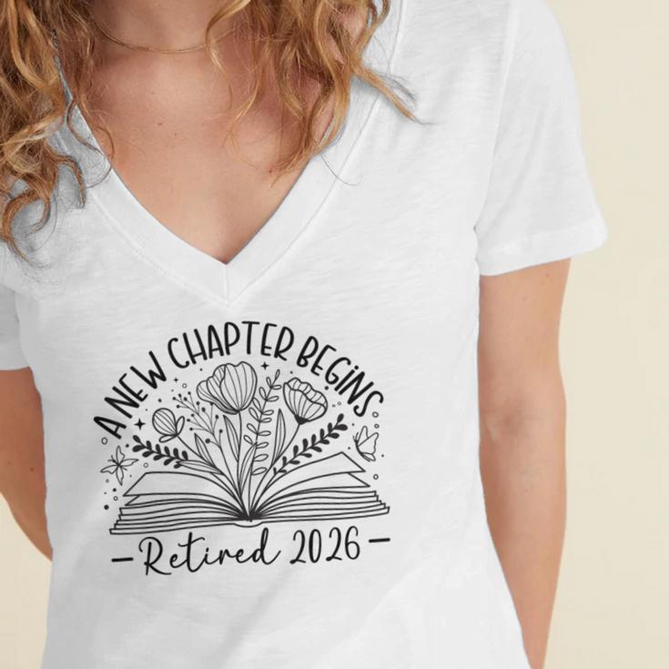 Floral Book a New Chapter Begins Retired Retirement Teacher Women's Jersey Short Sleeve Deep V-Neck Tshirt