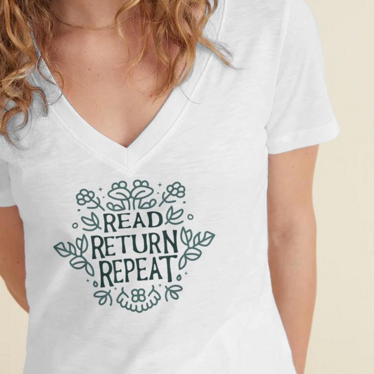 Floral “Read Return Repeat” Book Lovers Readers Librarians Women's Jersey Short Sleeve Deep V-Neck Tshirt