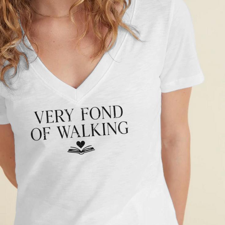 Very Fond Of Walking Book Lover Mom Walking Bookish Women's Jersey Short Sleeve Deep V-Neck Tshirt