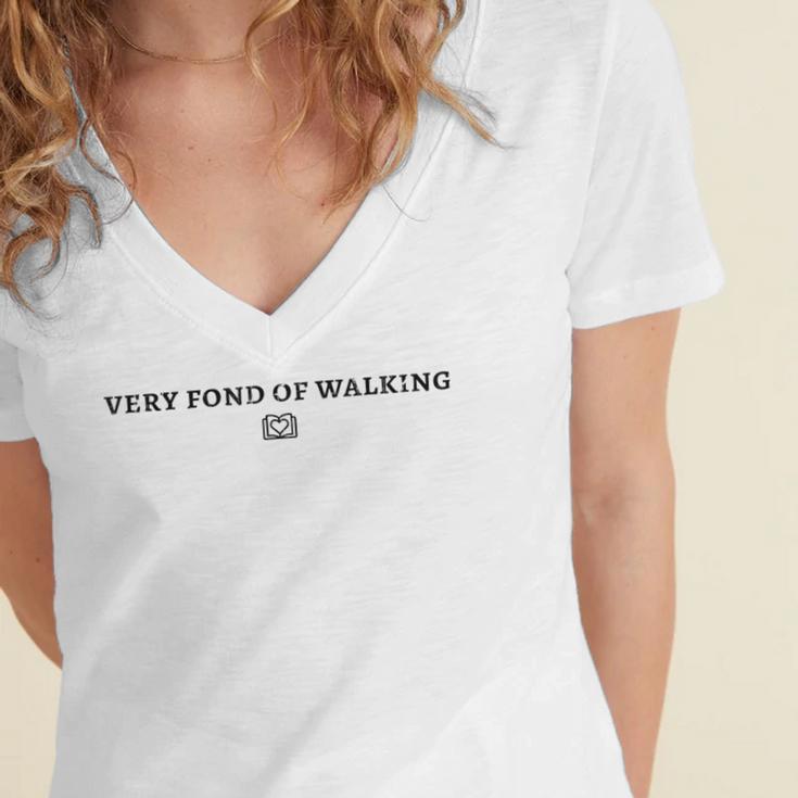 Very Fond Of Walking Book Lover Mom Walking Women's Jersey Short Sleeve Deep V-Neck Tshirt