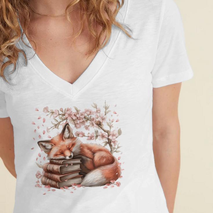 Fox And Book Lover Graphic For Women And Spring Pink Flower Women's Jersey Short Sleeve Deep V-Neck Tshirt
