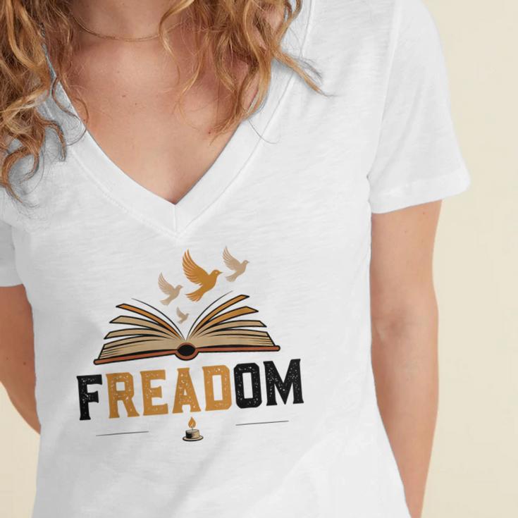 Freadom Anti Banned Books Lovers Reading Librarian Bookworm Women's Jersey Short Sleeve Deep V-Neck Tshirt