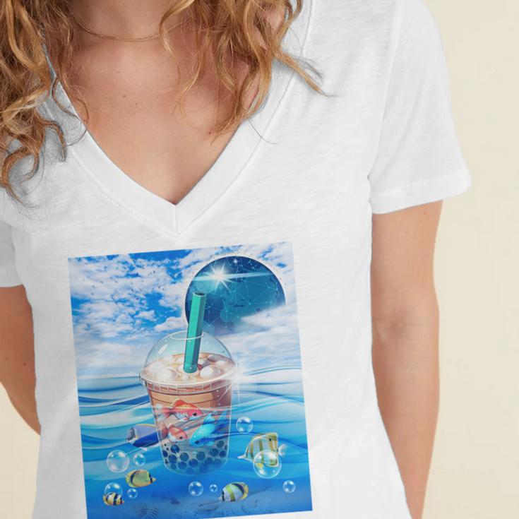 Frutiger Aero Aesthetic Tech Bubble Tea Boba Milktea Fishes Women's Jersey Short Sleeve Deep V-Neck Tshirt Frutiger Aero Aesthetic Tech Bubble Tea Boba Milktea Fishes Women's Jersey Short Sleeve Deep V-Neck Tshirt