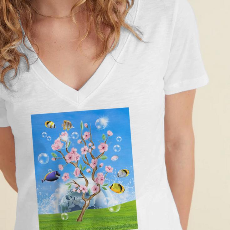 Frutiger Aero Aesthetic Tech Cherry Blossom Fishes Bubbles Raglan Baseball Tee Women's Jersey Short Sleeve Deep V-Neck Tshirt Frutiger Aero Aesthetic Tech Cherry Blossom Fishes Bubbles Raglan Baseball Tee Women's Jersey Short Sleeve Deep V-Neck Tshirt