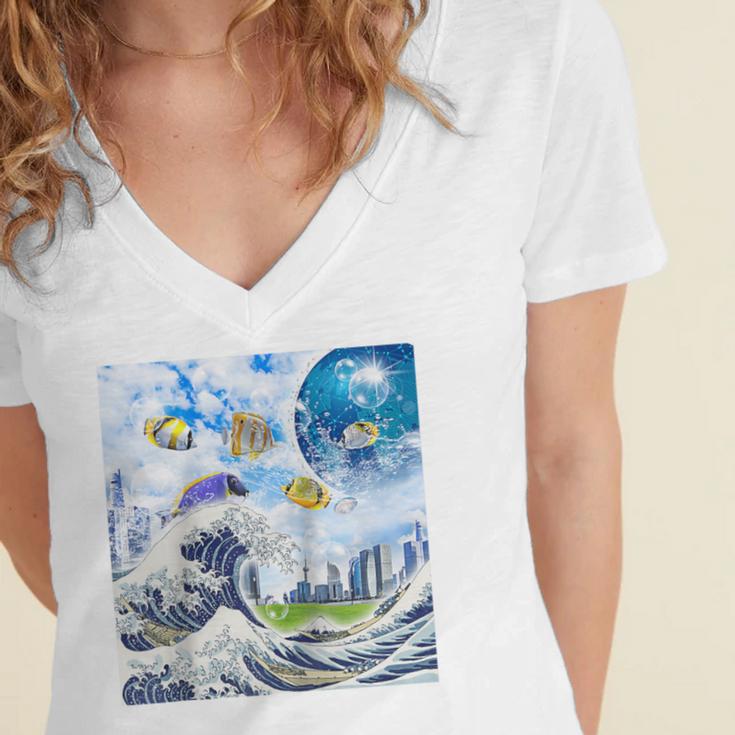 Frutiger Aero Aesthetic Tech Great Wave Of Kanagawa Fishes Raglan Baseball Tee Women's Jersey Short Sleeve Deep V-Neck Tshirt Frutiger Aero Aesthetic Tech Great Wave Of Kanagawa Fishes Raglan Baseball Tee Women's Jersey Short Sleeve Deep V-Neck Tshirt