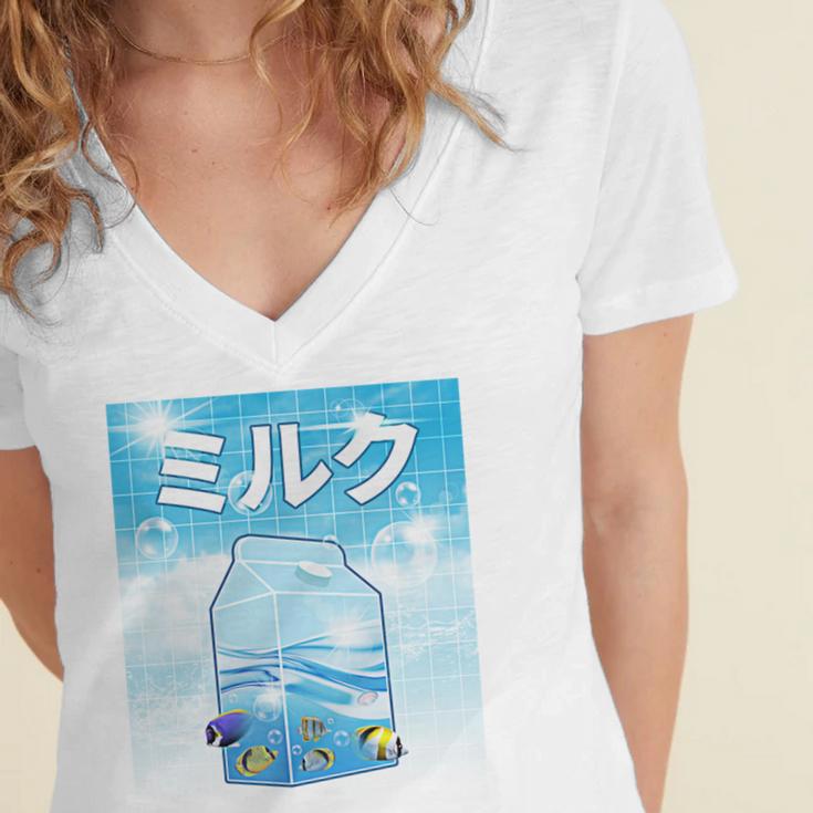 Frutiger Aero Aesthetic Tech Kawaii Milk Underwater Fishes Women's Jersey Short Sleeve Deep V-Neck Tshirt Frutiger Aero Aesthetic Tech Kawaii Milk Underwater Fishes Women's Jersey Short Sleeve Deep V-Neck Tshirt