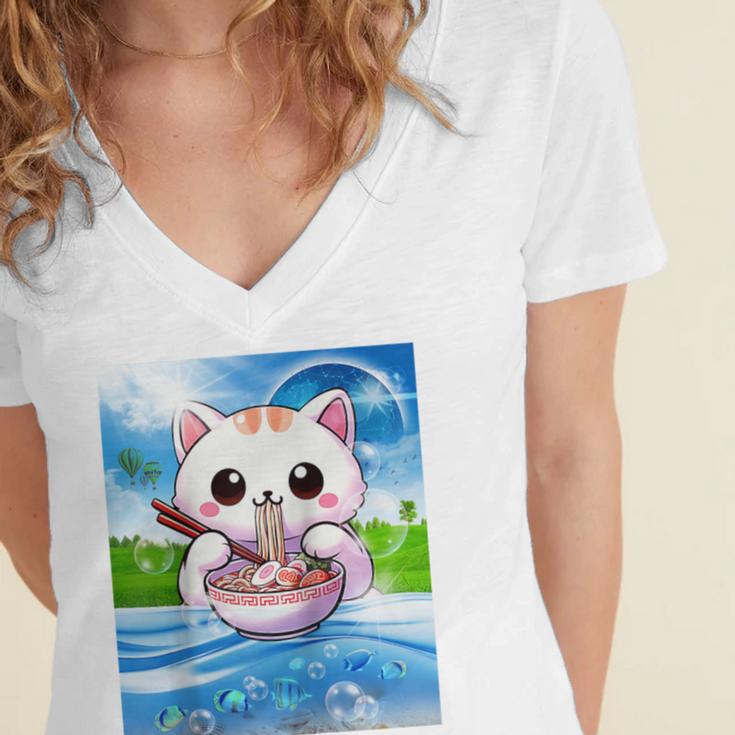 Frutiger Aero Aesthetic Tech Kawaii Ramen Cat Fishes Raglan Baseball Tee Women's Jersey Short Sleeve Deep V-Neck Tshirt