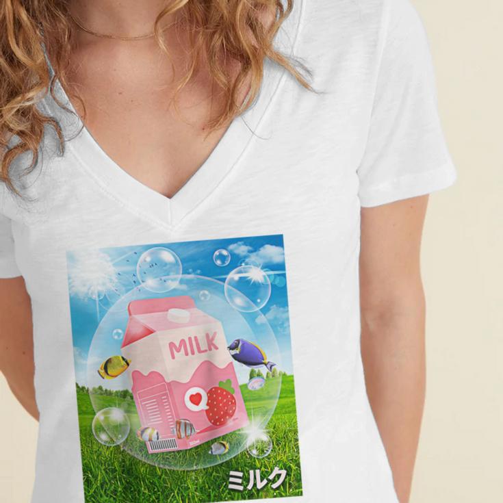 Frutiger Aero Aesthetic Tech Kawaii Strawberry Milk Fishes Raglan Baseball Tee Women's Jersey Short Sleeve Deep V-Neck Tshirt Frutiger Aero Aesthetic Tech Kawaii Strawberry Milk Fishes Raglan Baseball Tee Women's Jersey Short Sleeve Deep V-Neck Tshirt