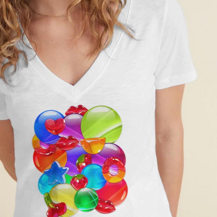 Frutiger Aero Aesthetic Tech Orb Pattern Heart Cherry Lips Raglan Baseball Tee Women's Jersey Short Sleeve Deep V-Neck Tshirt