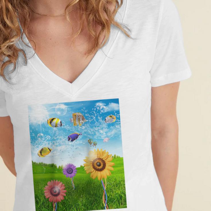Frutiger Aero Aesthetic Tech Scenery Fishes Sunflower Raglan Baseball Tee Women's Jersey Short Sleeve Deep V-Neck Tshirt