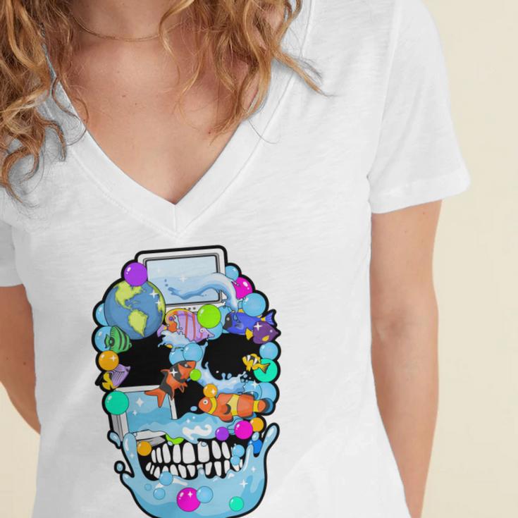Frutiger Aero Aesthetic Tech Skull Computer Fishes Women's Jersey Short Sleeve Deep V-Neck Tshirt