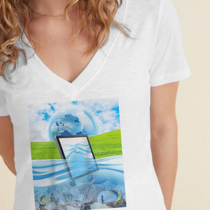 Frutiger Aero Aesthetic Tech Water Fishes Monitor Screen Raglan Baseball Tee Women's Jersey Short Sleeve Deep V-Neck Tshirt Frutiger Aero Aesthetic Tech Water Fishes Monitor Screen Raglan Baseball Tee Women's Jersey Short Sleeve Deep V-Neck Tshirt