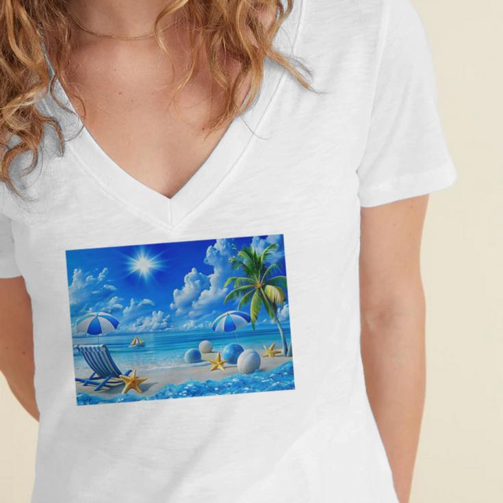 Frutiger Aero Beach Y2k Aesthetic Palm Tree Sand Ocean Premium Women's Jersey Short Sleeve Deep V-Neck Tshirt