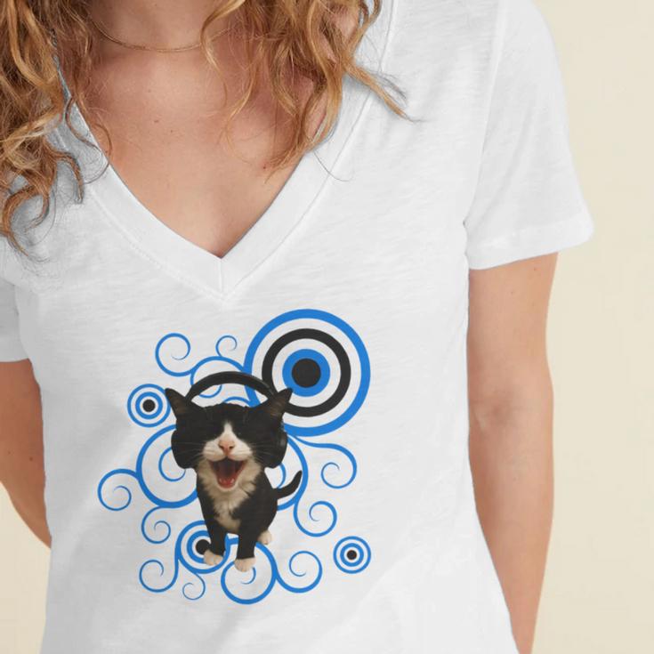 Frutiger Aero Cat Meme Headphone Kitty Cat Lover Women's Jersey Short Sleeve Deep V-Neck Tshirt