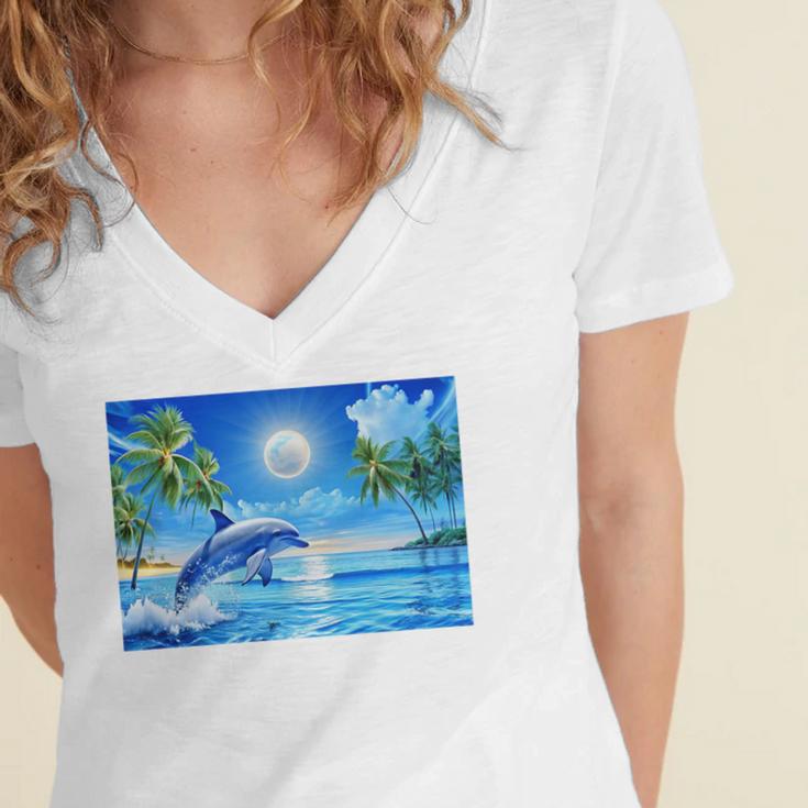 Frutiger Aero Dolphin Sunset Ocean With Palm Trees Y2k Premium Women's Jersey Short Sleeve Deep V-Neck Tshirt