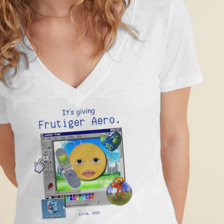 Frutiger Aero Y2K Meme Graphic 2000s Nostalgia Premium Women's Jersey Short Sleeve Deep V-Neck Tshirt Frutiger Aero Y2K Meme Graphic 2000s Nostalgia Premium Women's Jersey Short Sleeve Deep V-Neck Tshirt