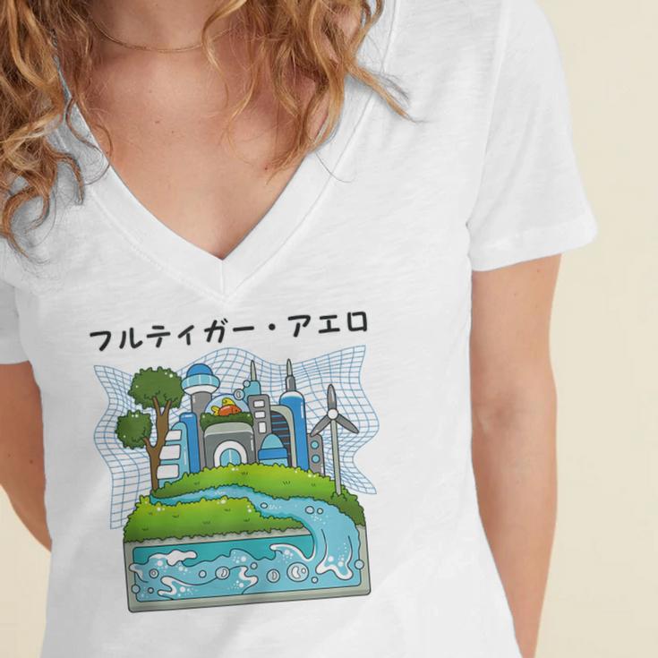 Future City Wind Power Frutiger Aero Y2K Style Ocean Women's Jersey Short Sleeve Deep V-Neck Tshirt