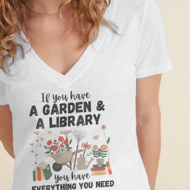 Gardening & Library Lover Books Reading Plants Cute Women's Jersey Short Sleeve Deep V-Neck Tshirt