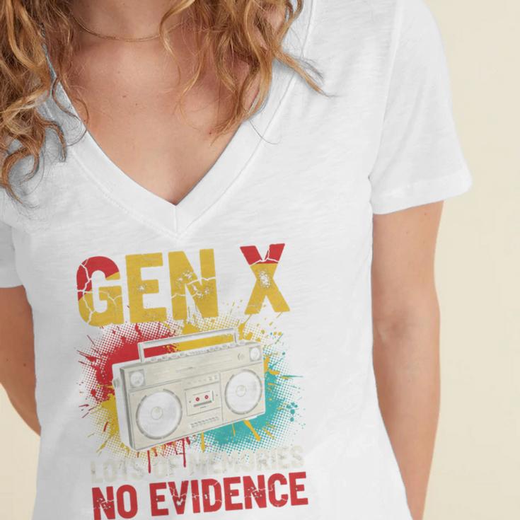Gen X Lots Of Memories No Evidence Retro Nostalgia Humor Women's Jersey Short Sleeve Deep V-Neck Tshirt