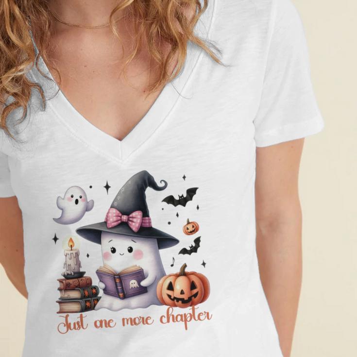 Ghost Reading Book Coquette Bow Halloween Girl Toddler Kid Premium Women's Jersey Short Sleeve Deep V-Neck Tshirt