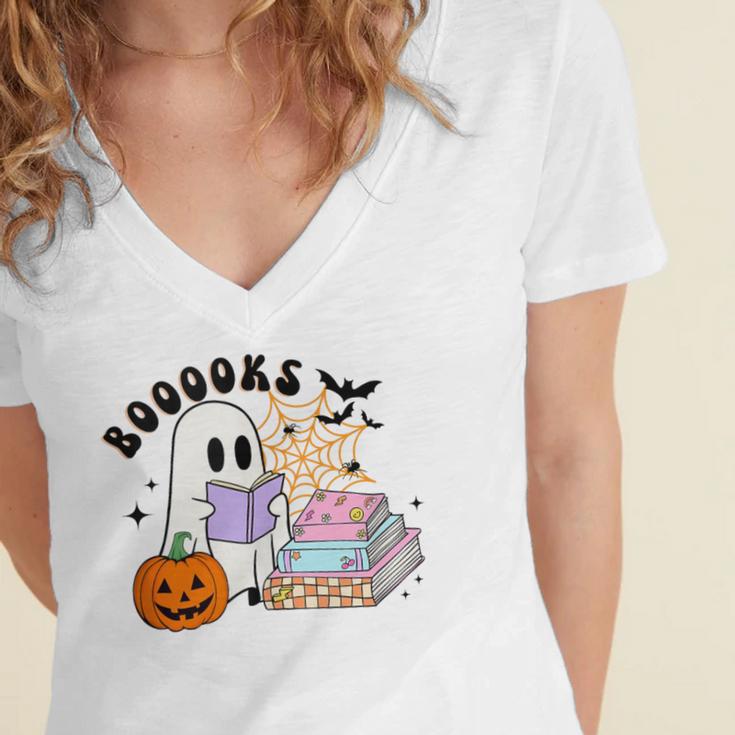 Ghost Reading Halloween Women Teacher Book Lover Women's Jersey Short Sleeve Deep V-Neck Tshirt