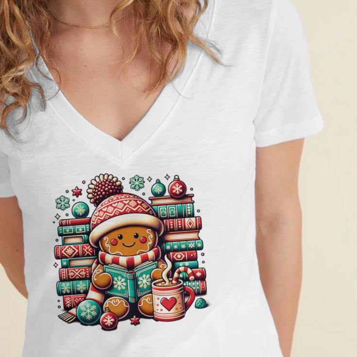 Gingerbread Reading Book Lovers Christmas Bookworm Librarian Premium Women's Jersey Short Sleeve Deep V-Neck Tshirt Gingerbread Reading Book Lovers Christmas Bookworm Librarian Premium Women's Jersey Short Sleeve Deep V-Neck Tshirt