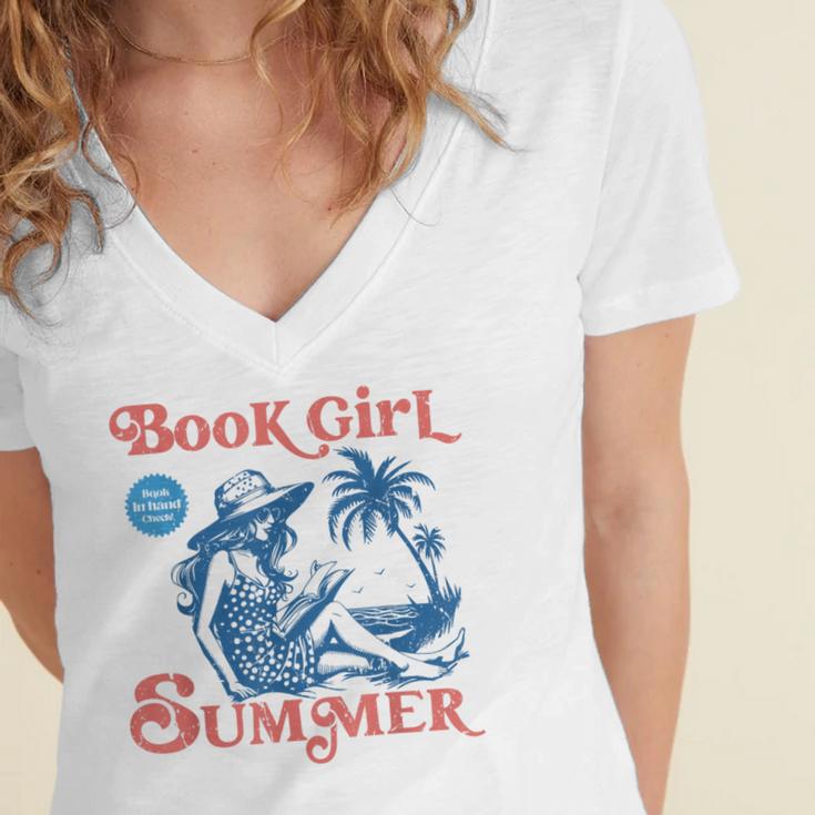 Girl Reading Book Summer Beach Vacation For Book Lover Women's Jersey Short Sleeve Deep V-Neck Tshirt