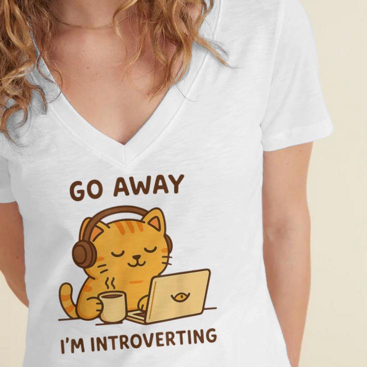 Go Away I'm Introverting Cozy Cat With Laptop And Coffee Women's Jersey Short Sleeve Deep V-Neck Tshirt Go Away I'm Introverting Cozy Cat With Laptop And Coffee Women's Jersey Short Sleeve Deep V-Neck Tshirt