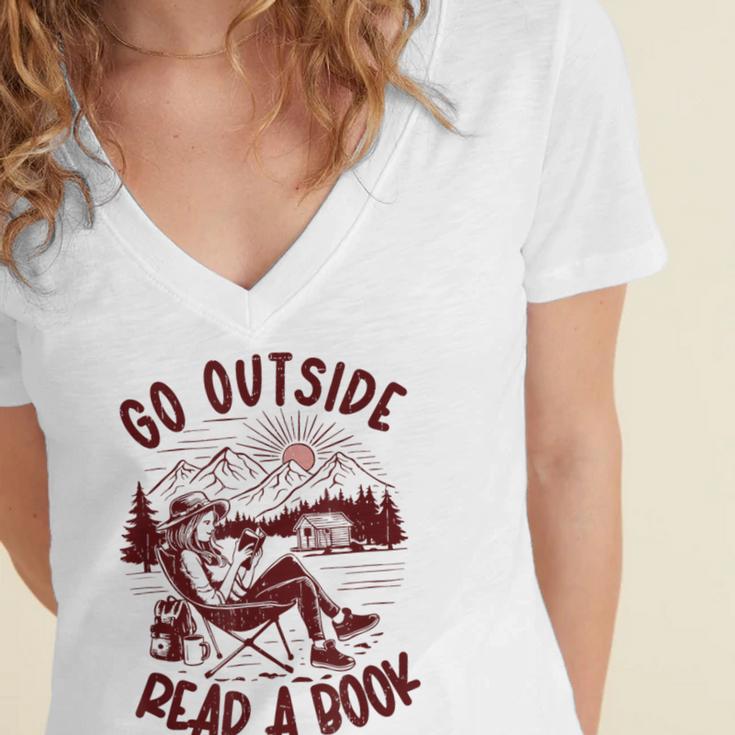 Go Outside Read a Book Vintage Bibliophiles Women's Jersey Short Sleeve Deep V-Neck Tshirt
