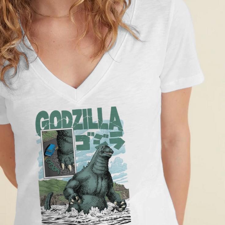 Godzilla Ocean Scene Comic Book Illustration Movie Monster Women's Jersey Short Sleeve Deep V-Neck Tshirt