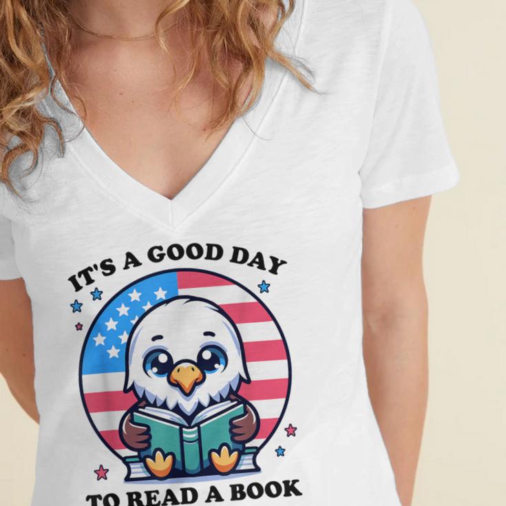 A Good Day To Read a Book Reading Eagle With American Flag Women's Jersey Short Sleeve Deep V-Neck Tshirt