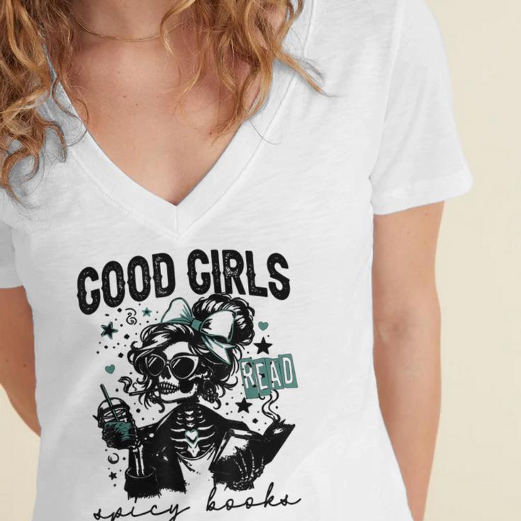 Good Girls Read Spicy Skeleton Book Club Women's Jersey Short Sleeve Deep V-Neck Tshirt