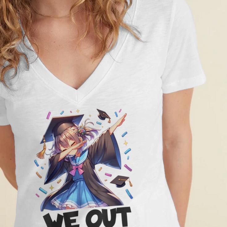 We Out Graduate Dabbing Anime Girl Grad Graduation Women's Jersey Short Sleeve Deep V-Neck Tshirt