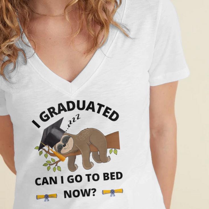 I Graduated Can I Go Back To Bed Sloth Graduation Cap Women's Jersey Short Sleeve Deep V-Neck Tshirt