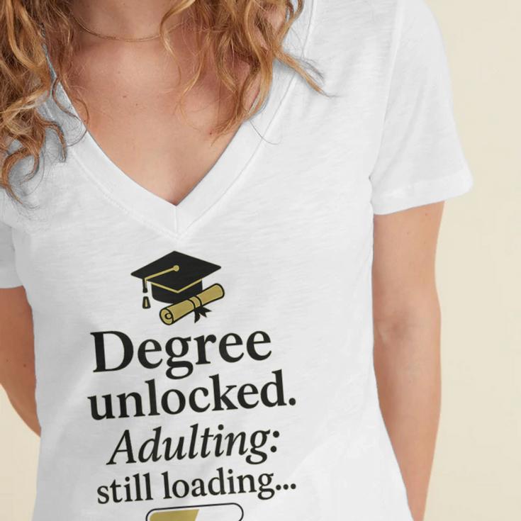 Graduation 2025 Degree Unlocked Adulting Still Loading Women's Jersey Short Sleeve Deep V-Neck Tshirt