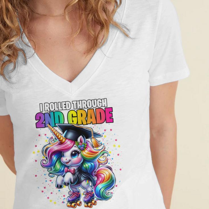 Graduation 2nd Grade Unicorn Roller Skate Girls Grad Women's Jersey Short Sleeve Deep V-Neck Tshirt