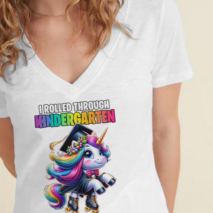 Graduation Kindergarten Unicorn Roller Skate Girls Grad Women's Jersey Short Sleeve Deep V-Neck Tshirt