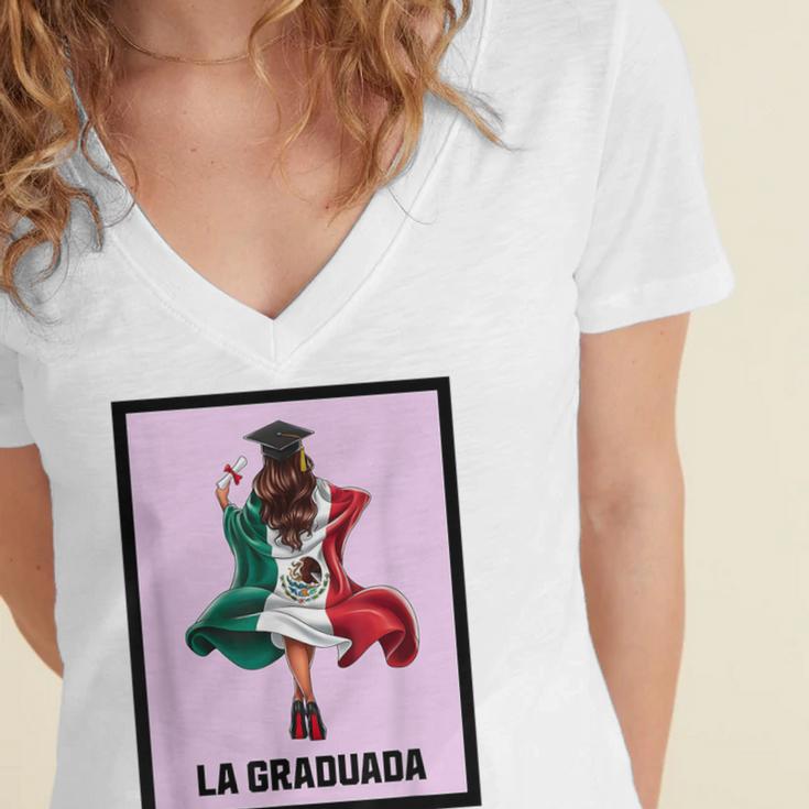 Graduation Latina Educated La Graduada Mexican Bingo Card Women's Jersey Short Sleeve Deep V-Neck Tshirt