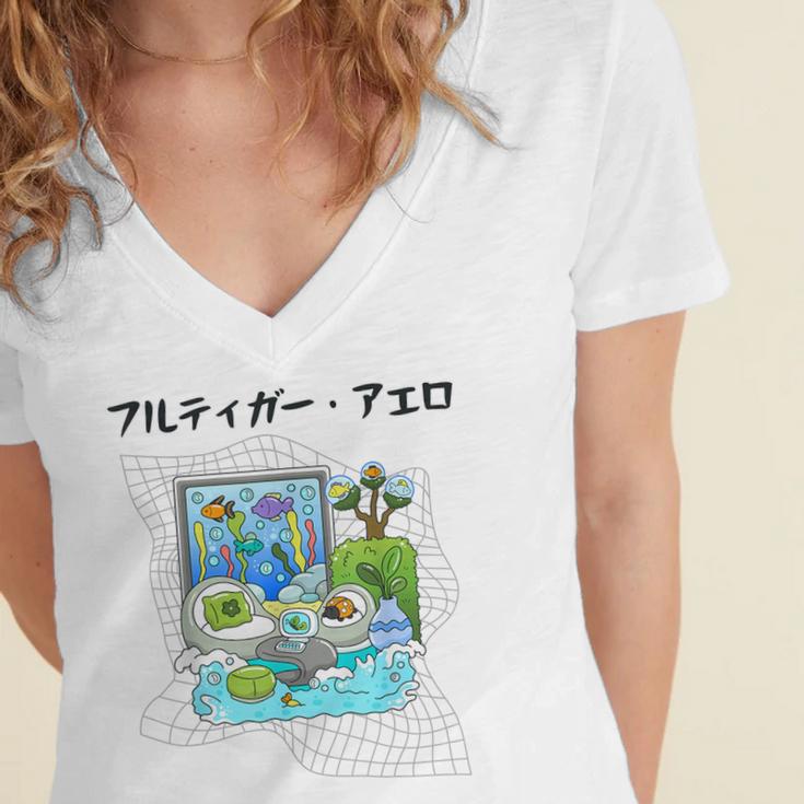 Grass Fun UI UX Er Computer Retro Fish Frutiger Aero Women's Jersey Short Sleeve Deep V-Neck Tshirt