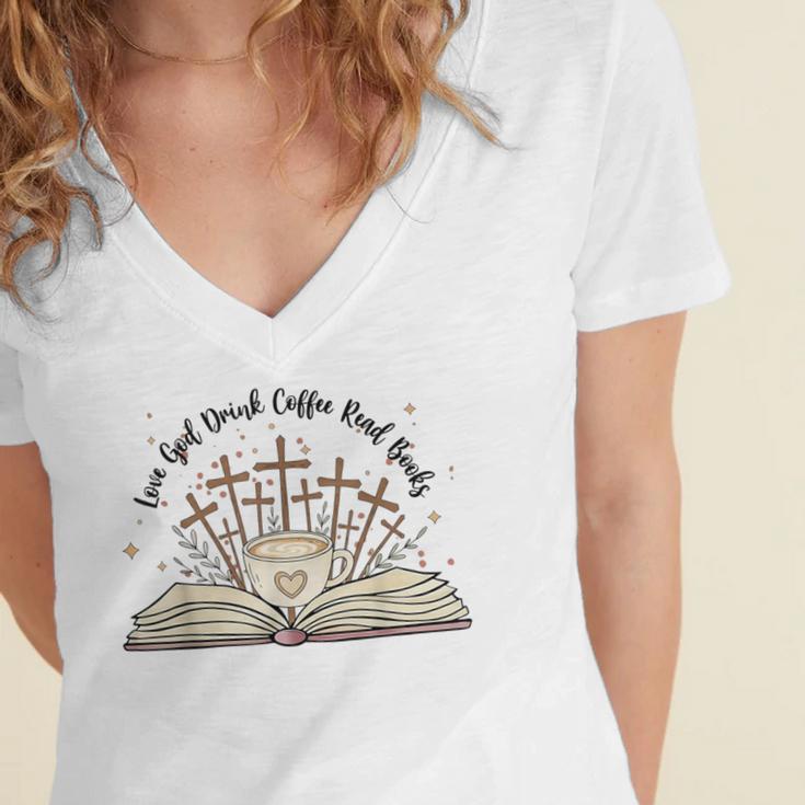 Groovy Flowers Love God Drink Coffee Read Books Christian Women's Jersey Short Sleeve Deep V-Neck Tshirt