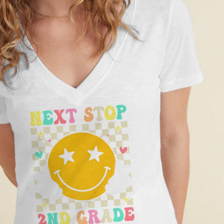 Groovy Next Stop 2nd Grade 1st Grade Graduation 2025 Premium Women's Jersey Short Sleeve Deep V-Neck Tshirt