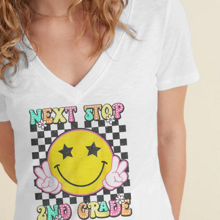 Groovy Next Stop 2nd Grade 1st Grade Graduation 2025 Women's Jersey Short Sleeve Deep V-Neck Tshirt