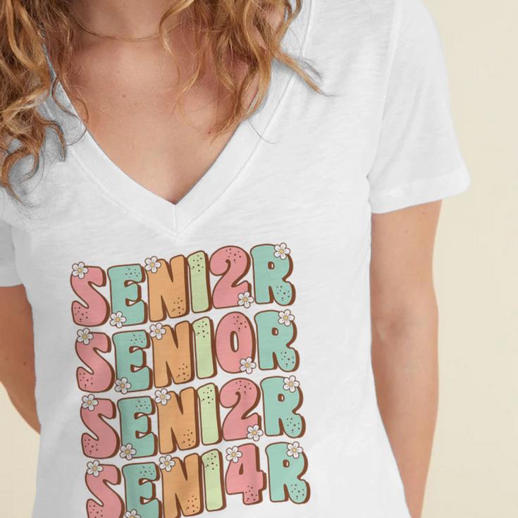 Groovy Senior Graduation Cute Groovy Senior Class Of 2024 Women's Jersey Short Sleeve Deep V-Neck Tshirt