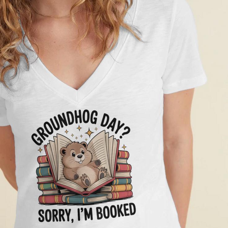 Groundhog Day Librarian Book Lover Reader Library Women's Jersey Short Sleeve Deep V-Neck Tshirt